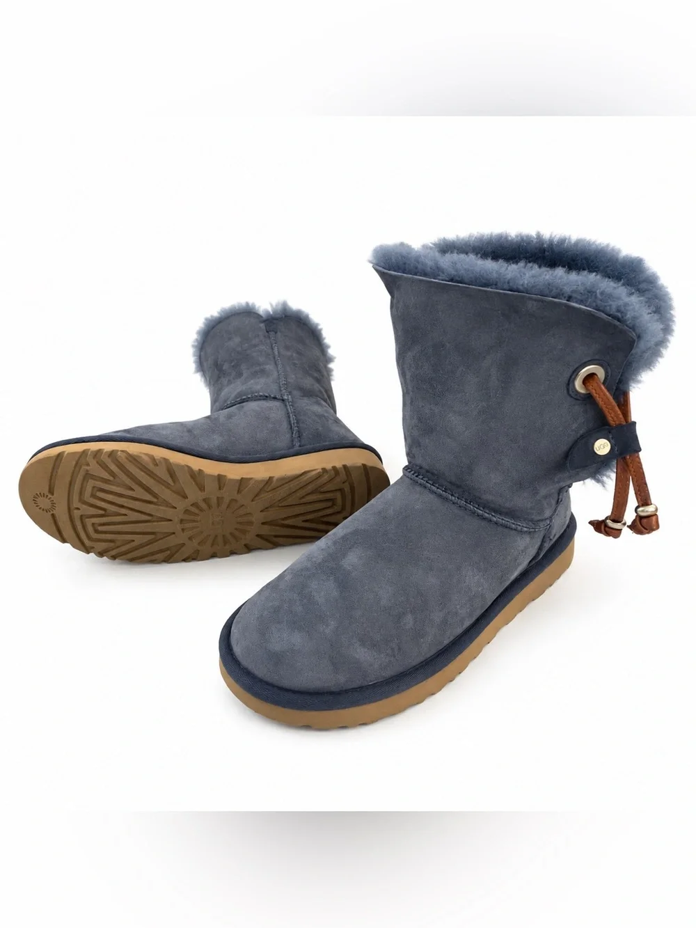 UGG Blue Sheepskin Boots With Leather & Bead Accents